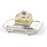 Mappin & Webb silver plated desk stand with cut glass inkwell, 25cm wide :