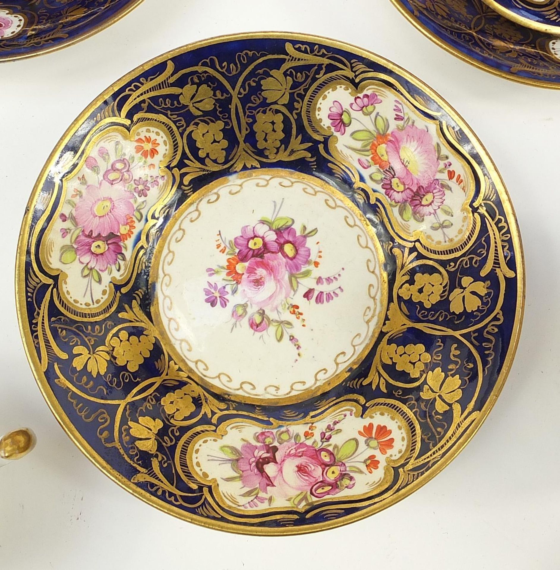 19th century Coalport cobalt blue ground teaware hand painted with flowers, including teapot, cups - Image 5 of 5