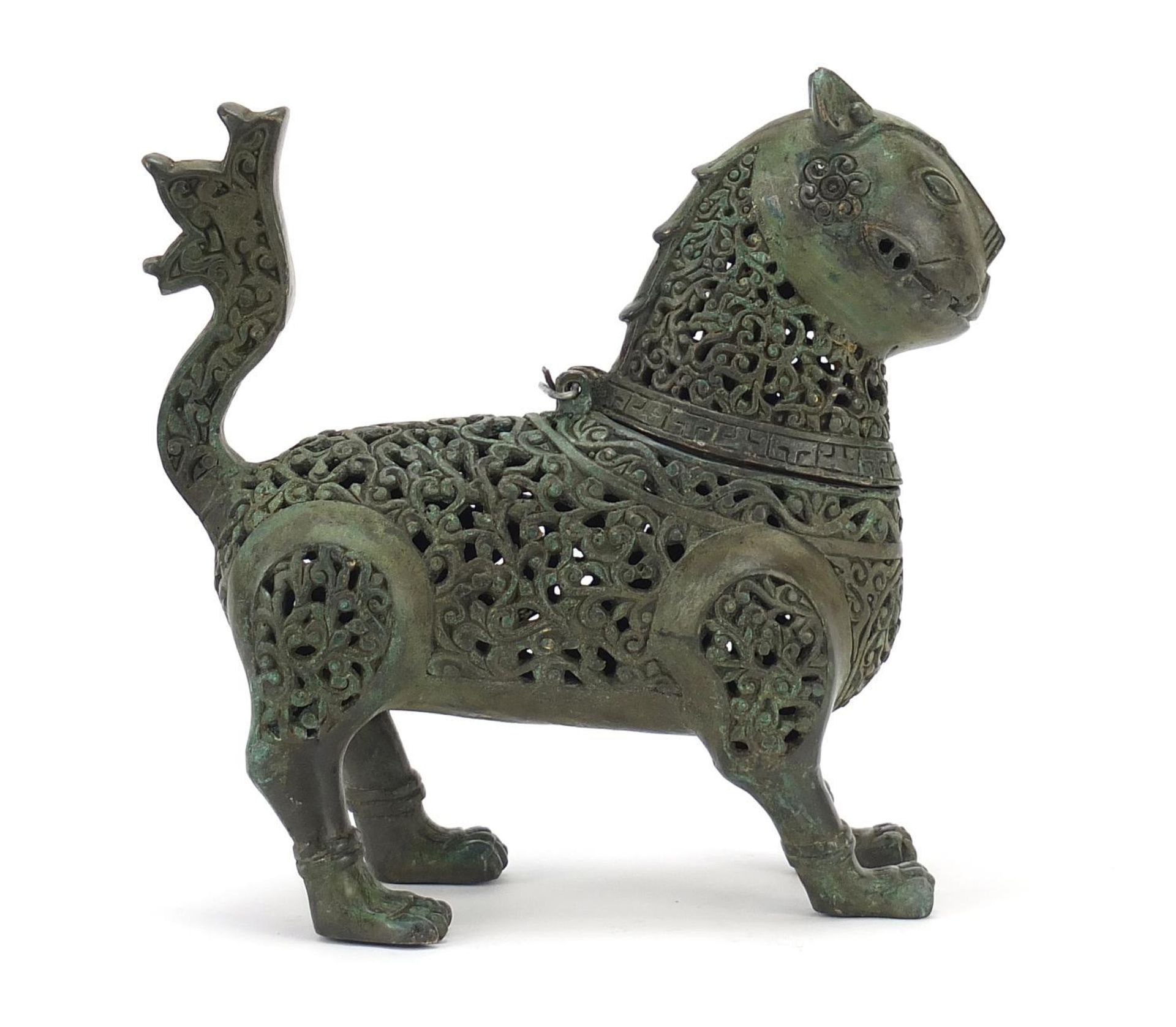Islamic Verdigris bronze mythical animal incense burner with articulated head, 18cm in length : - Image 5 of 8