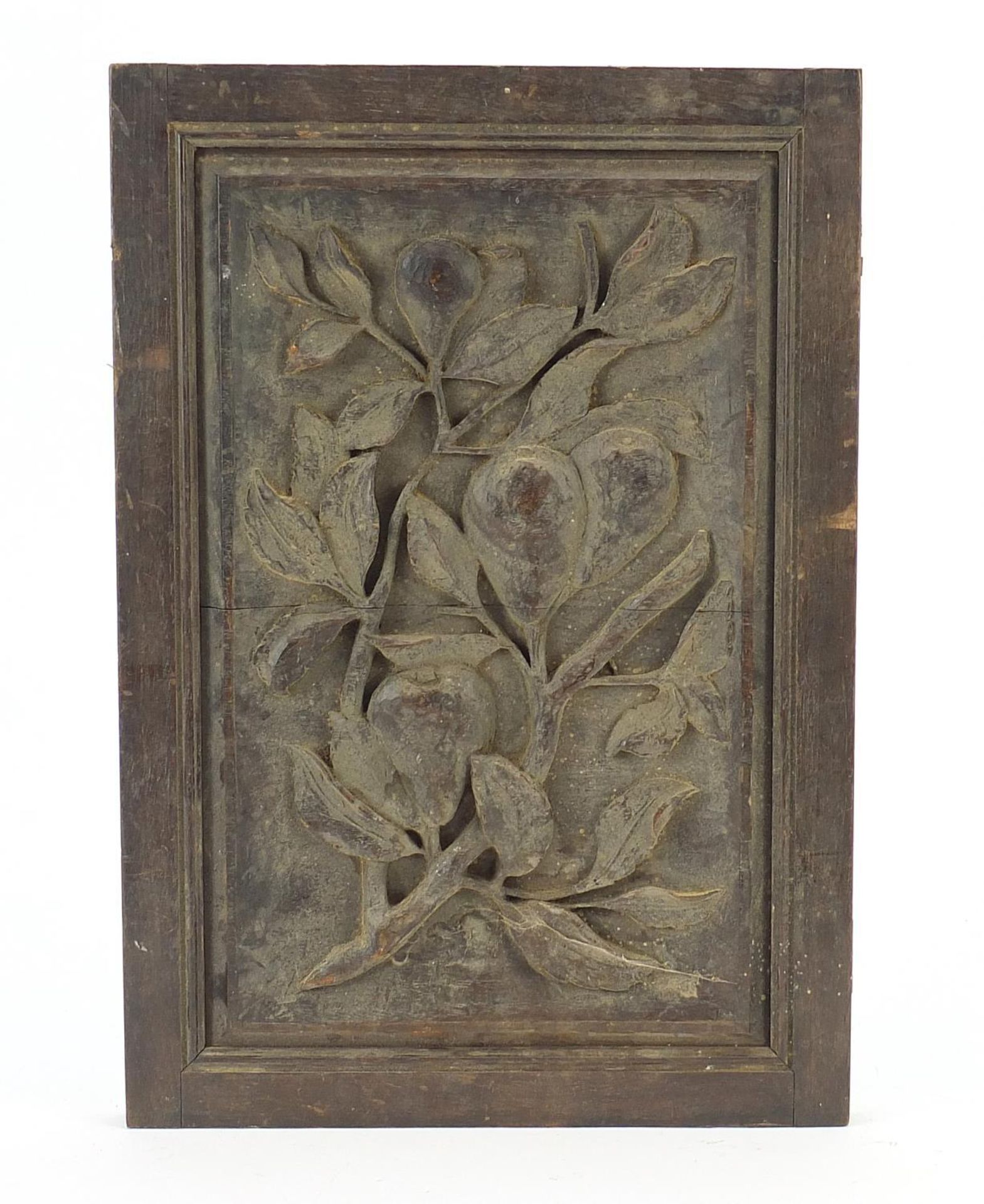Antique oak panel carved with fruit, 44cm x 30cm :