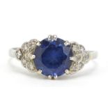 Art Deco sapphire and diamond platinum ring, the sapphire approximately 8mm in diameter, size R/S,