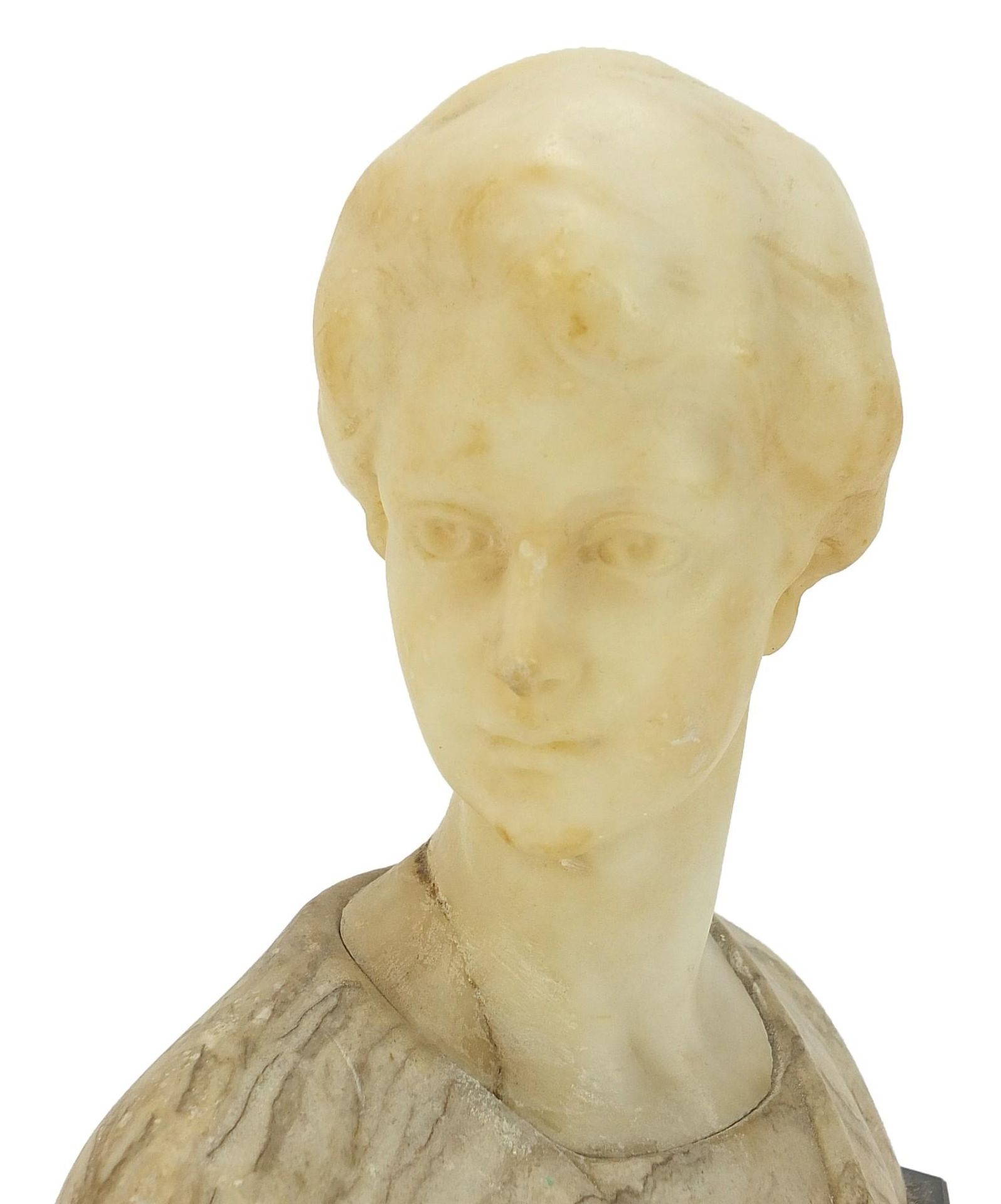 Art Deco alabaster, marble and black slate bust of a young female, 20.5cm high : - Image 2 of 5