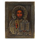 Bronzed mounted Russian Orthodox icon depicting Christ, 22cm x 17.5cm :