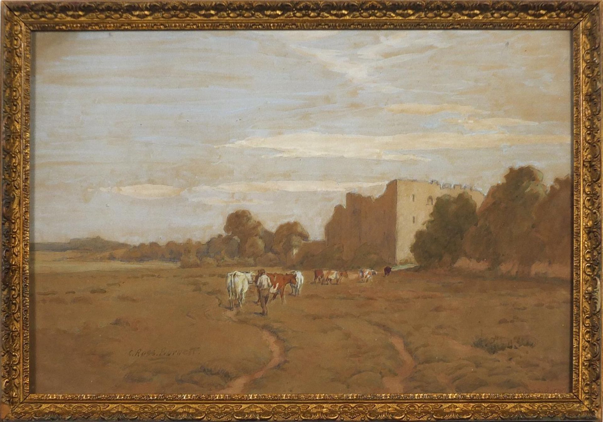 Cecil Ross Burnett - Driver and cattle before a castle, watercolour, framed and glazed, 44.5cm x - Image 2 of 4