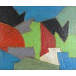 Abstract composition, geometric shapes, Russian school oil on board, mounted and framed, 83cm x 69cm