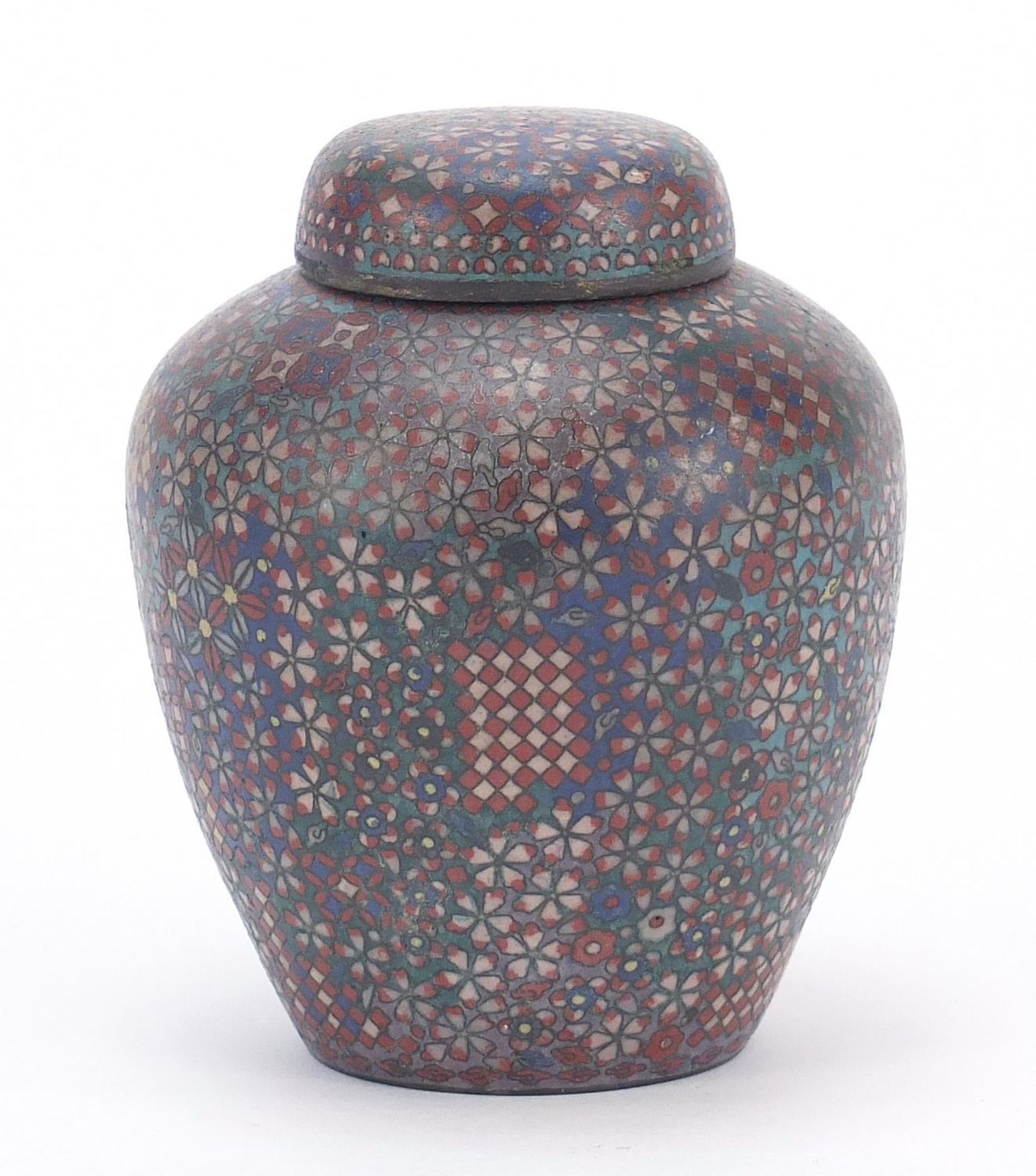 Japanese cloisonné tea caddy with cover enamelled with flowers, 11cm high :