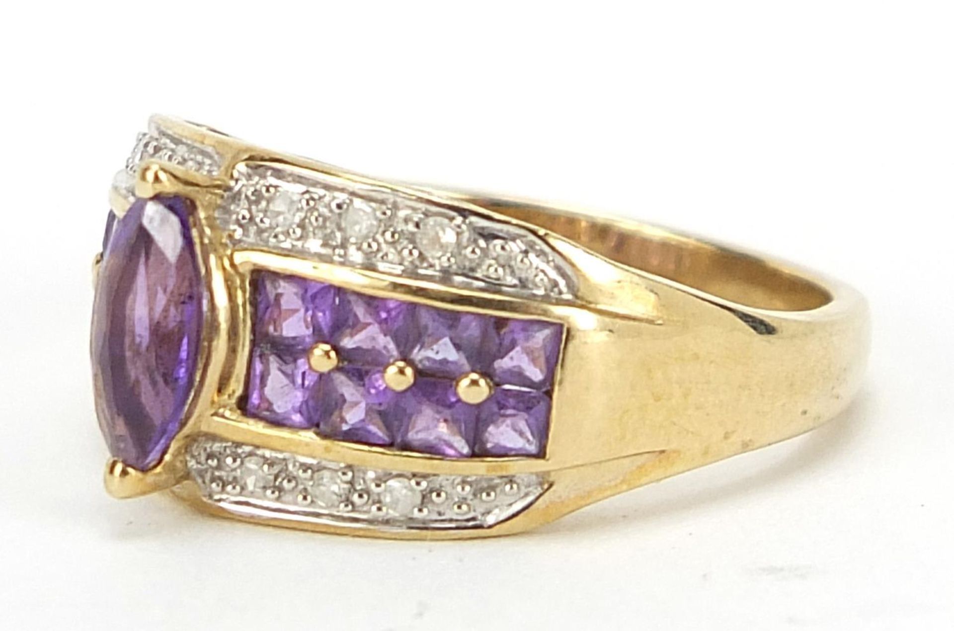9ct gold amethyst diamond cocktail ring, size N, 3.6g : - Image 2 of 6