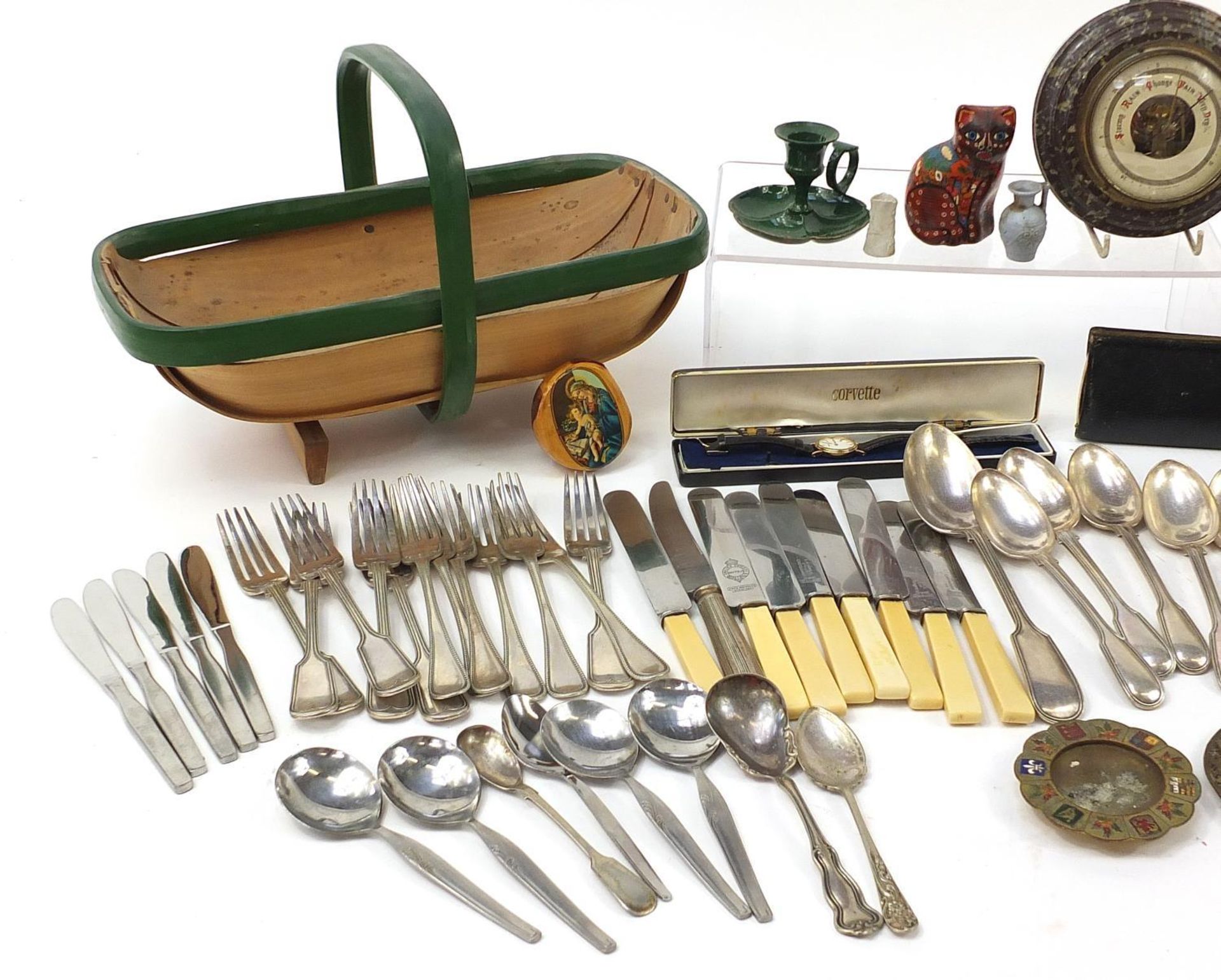 Sundry items arranged in a vintage suitcase including silver plated cutlery, enamel chamber stick, - Bild 2 aus 6
