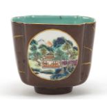 Chinese quatrefoil brown ground porcelain footed bowl hand painted with panels of landscapes and