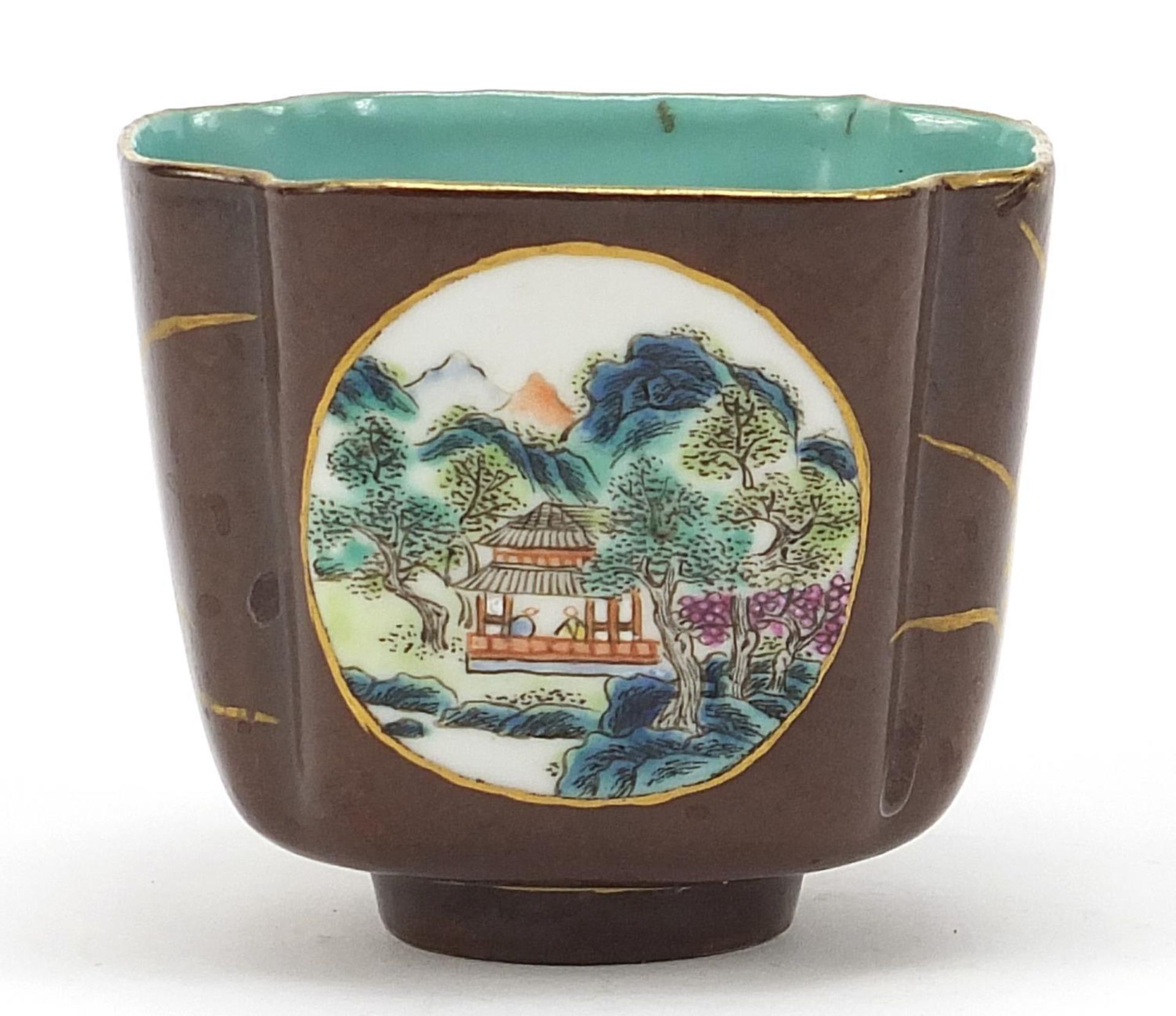 Chinese quatrefoil brown ground porcelain footed bowl hand painted with panels of landscapes and