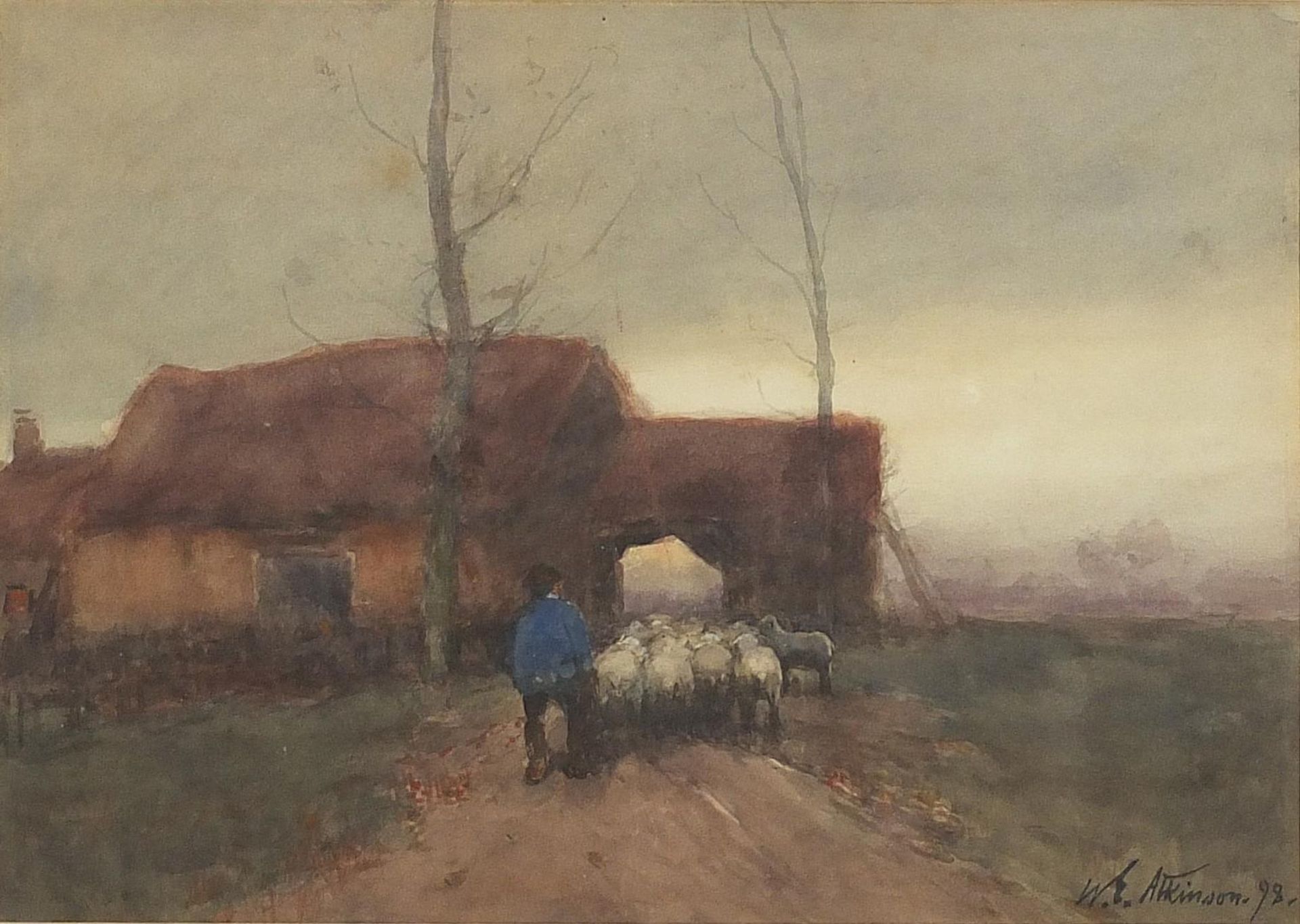William Edwin Atkinson 1898 - Shepherd and sheep coming home, signed watercolour, mounted, framed