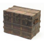 19th century military interest wood and metal bound leather trunk, 55cm H x 73cm W x 47cm D