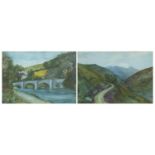 Landscape and two figures on bridge, pair of watercolours, mounted, framed and glazed, 24.5cm x 17cm