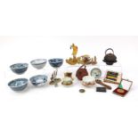 Chinese and Japanese ceramics, metalware and objects including Arita tea bowl with saucer, cloisonné