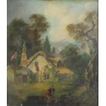 People standing outside their dwellings, 19th century American school oil, mounted, framed and
