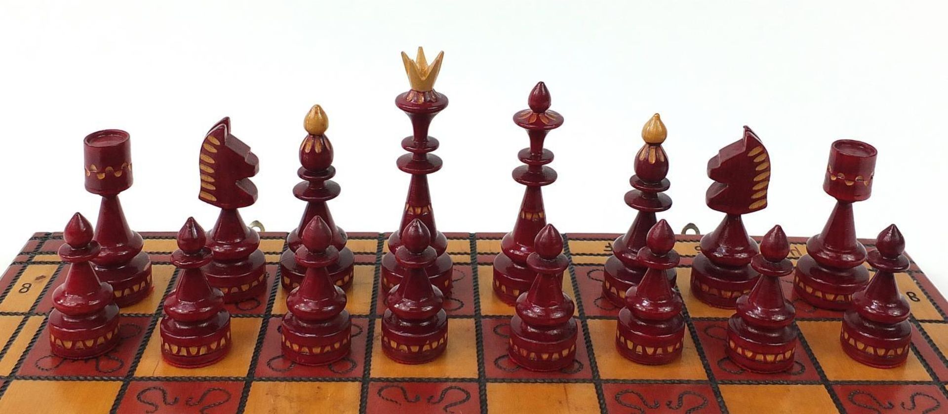 Carved hardwood chess set with folding chess board, the board 54cm x 54cm : - Image 2 of 9