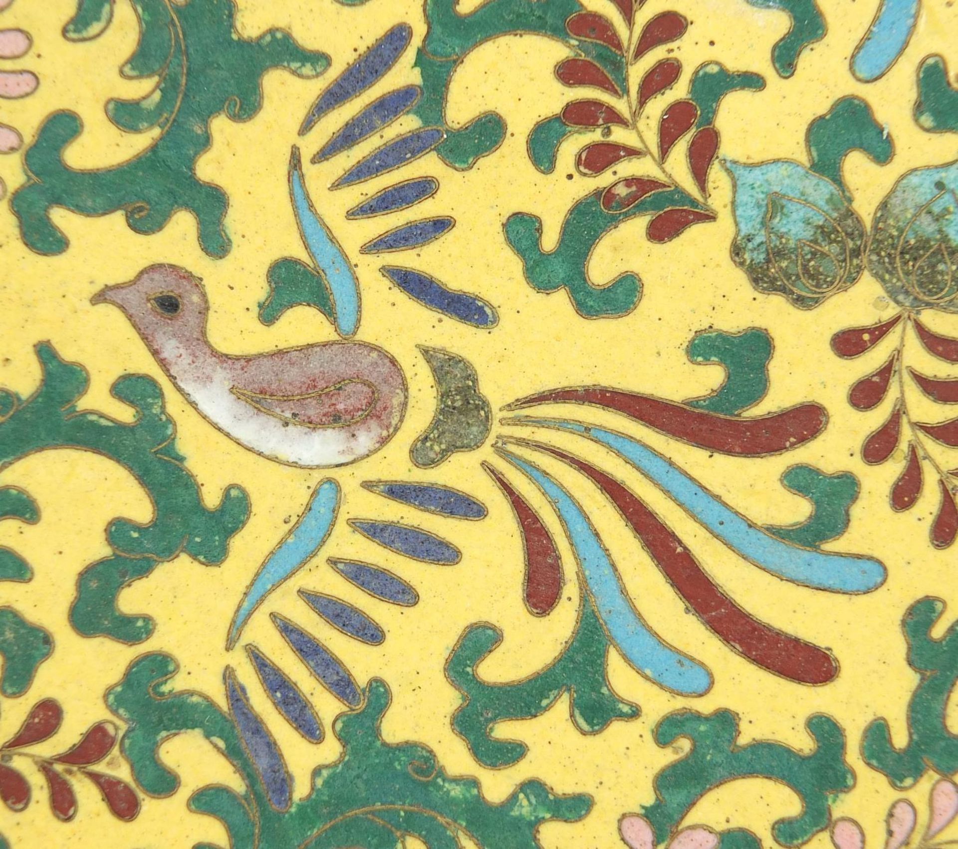 Chinese cloisonne serving tray enamelled with birds amongst foliage, character marks to the - Image 3 of 6