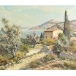 Lucien Potronat - Le Chemin Blanc Cote D'Azur French Riviera, oil on canvas, gallery label to