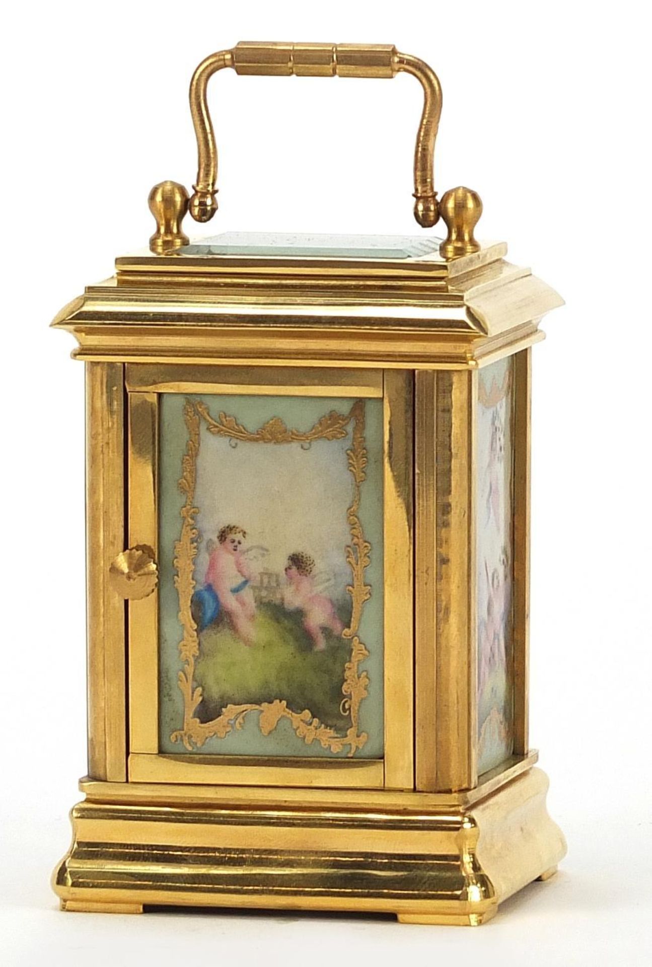 French style gilt metal perpetual carriage clock with Sevres style panels, 8cm high : - Image 2 of 5