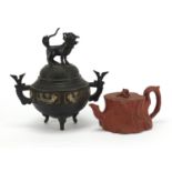 Chinese cloisonné tripod censer with qilin lid and a naturalistic Yixing terracotta teapot,