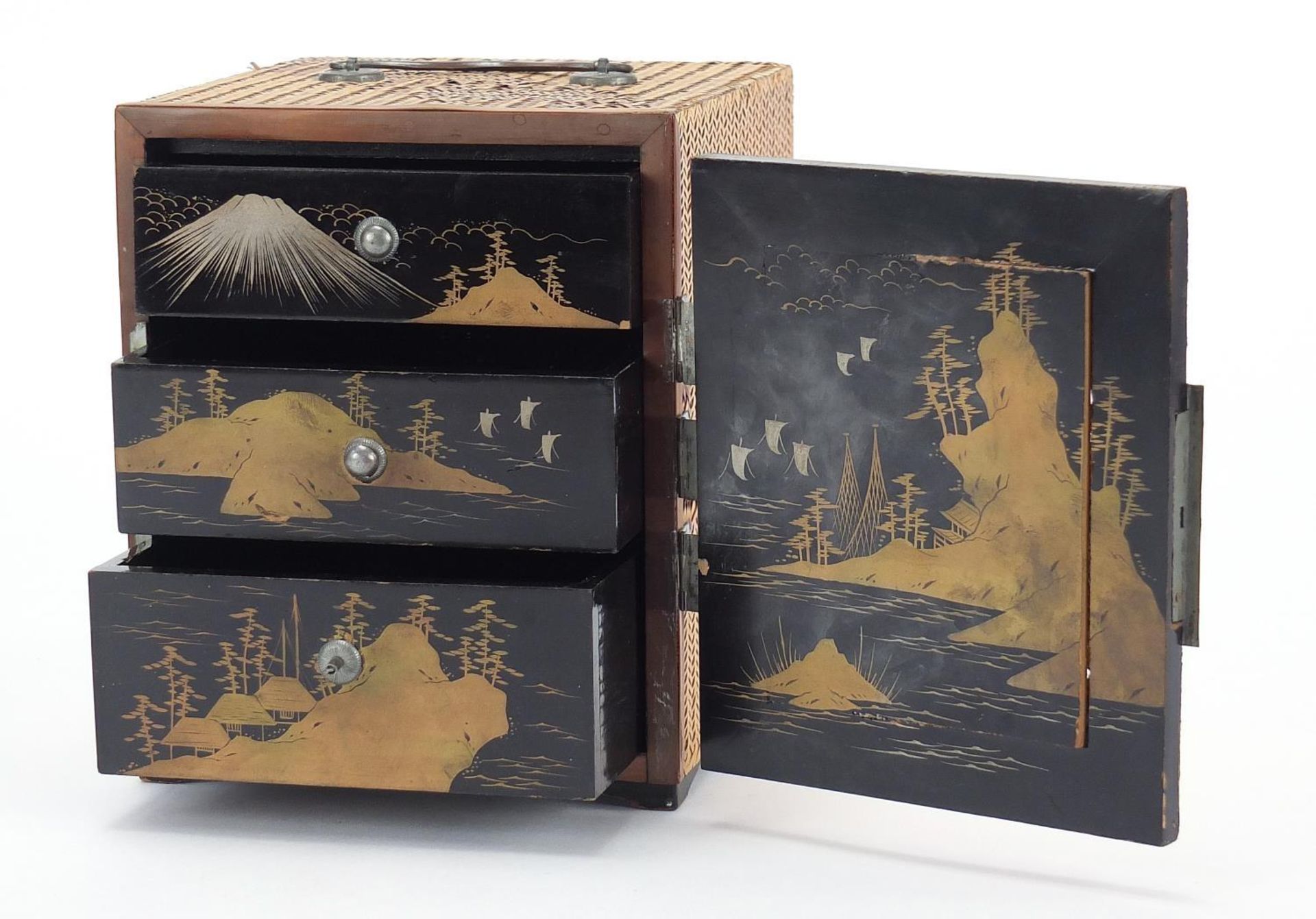 Japanese straw work and black lacquered kodansu with metal mounts hand painted with landscapes to - Image 2 of 8