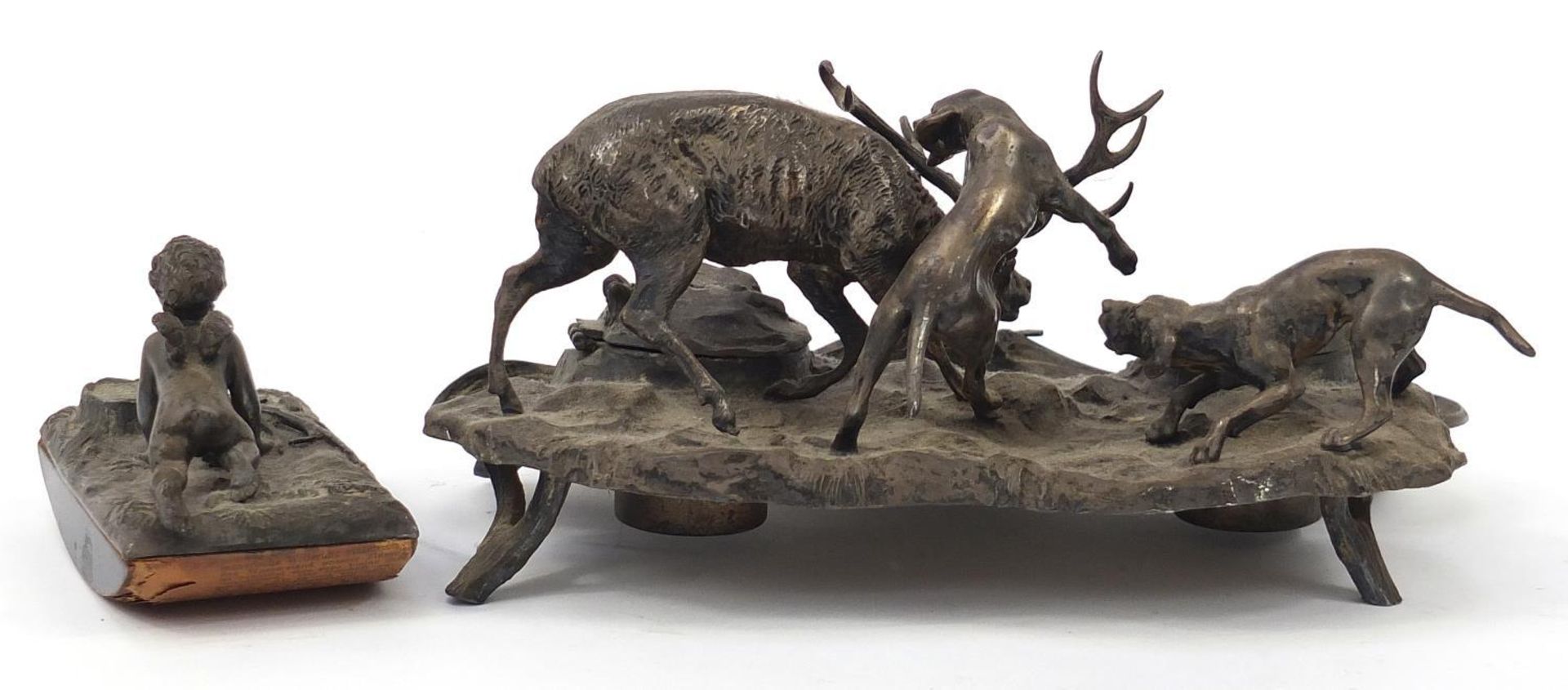 19th century silver plated moose and dog design desk stand and silver plated Putti design ink - Image 2 of 3