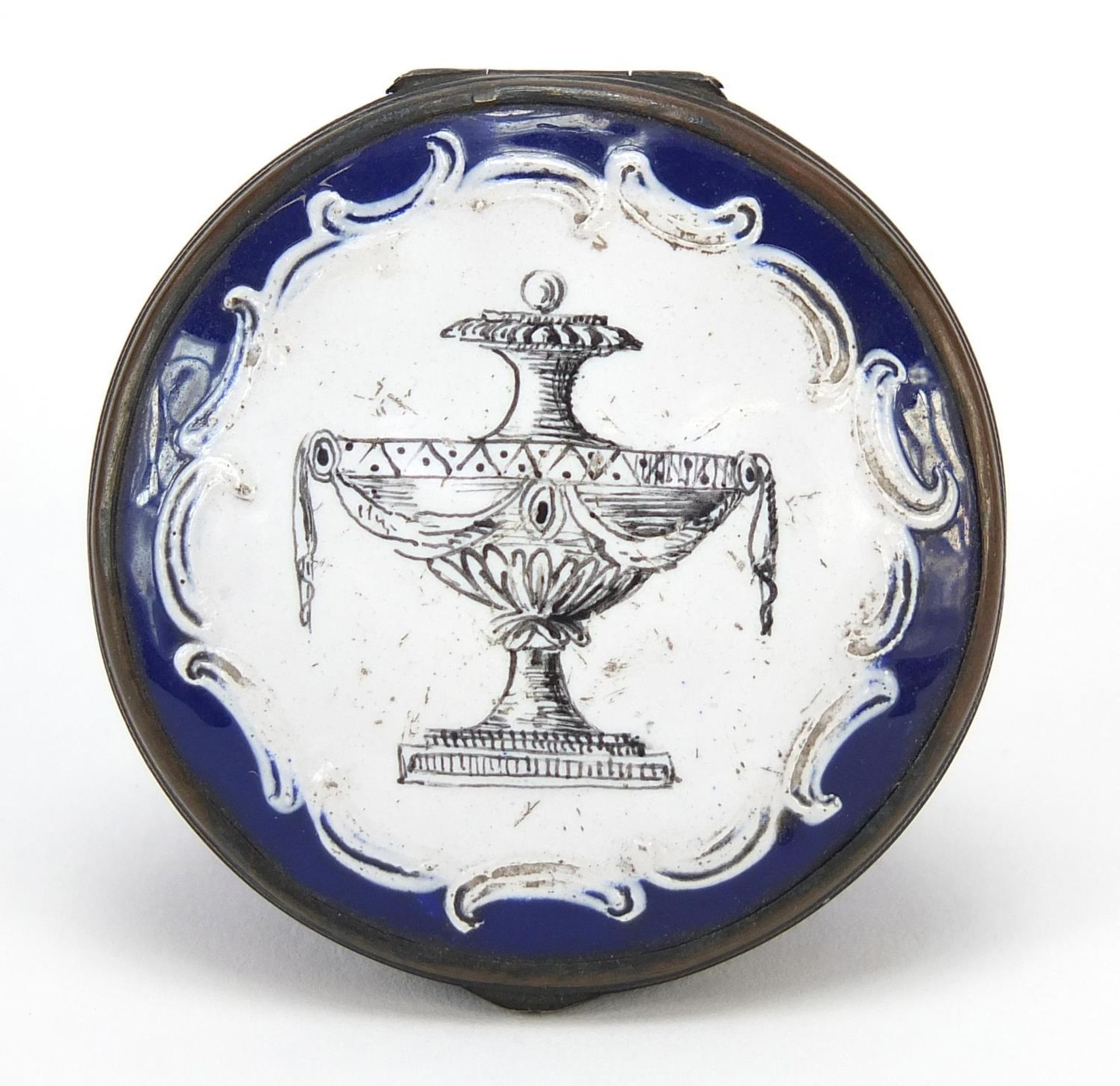 18th century Bilston enamel patch box hand painted with a classical urn, 4.5cm in diameter : - Image 4 of 5