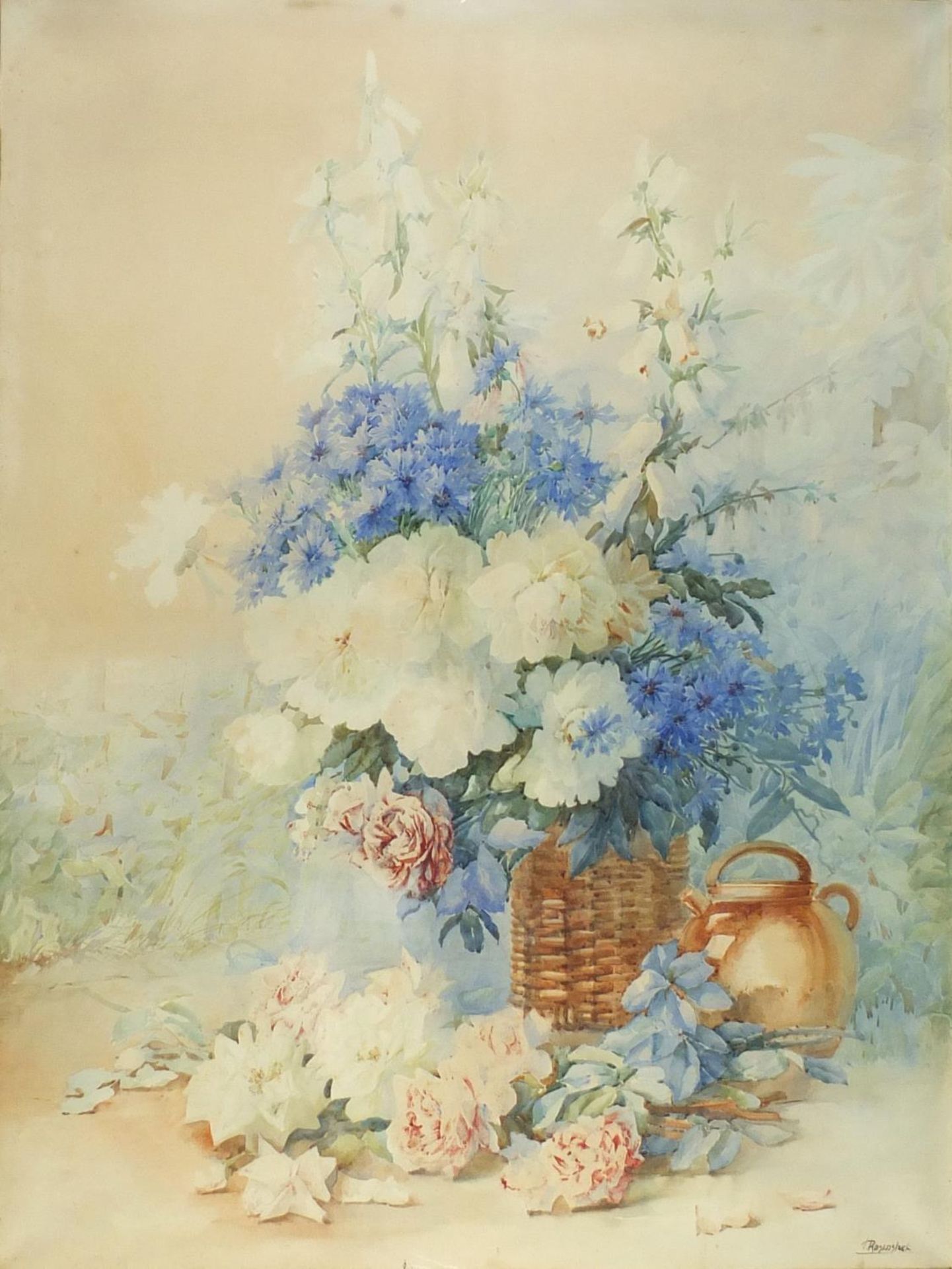Isidore Rosenstock - Flowers in a basket, very large watercolour, mounted, framed and glazed,