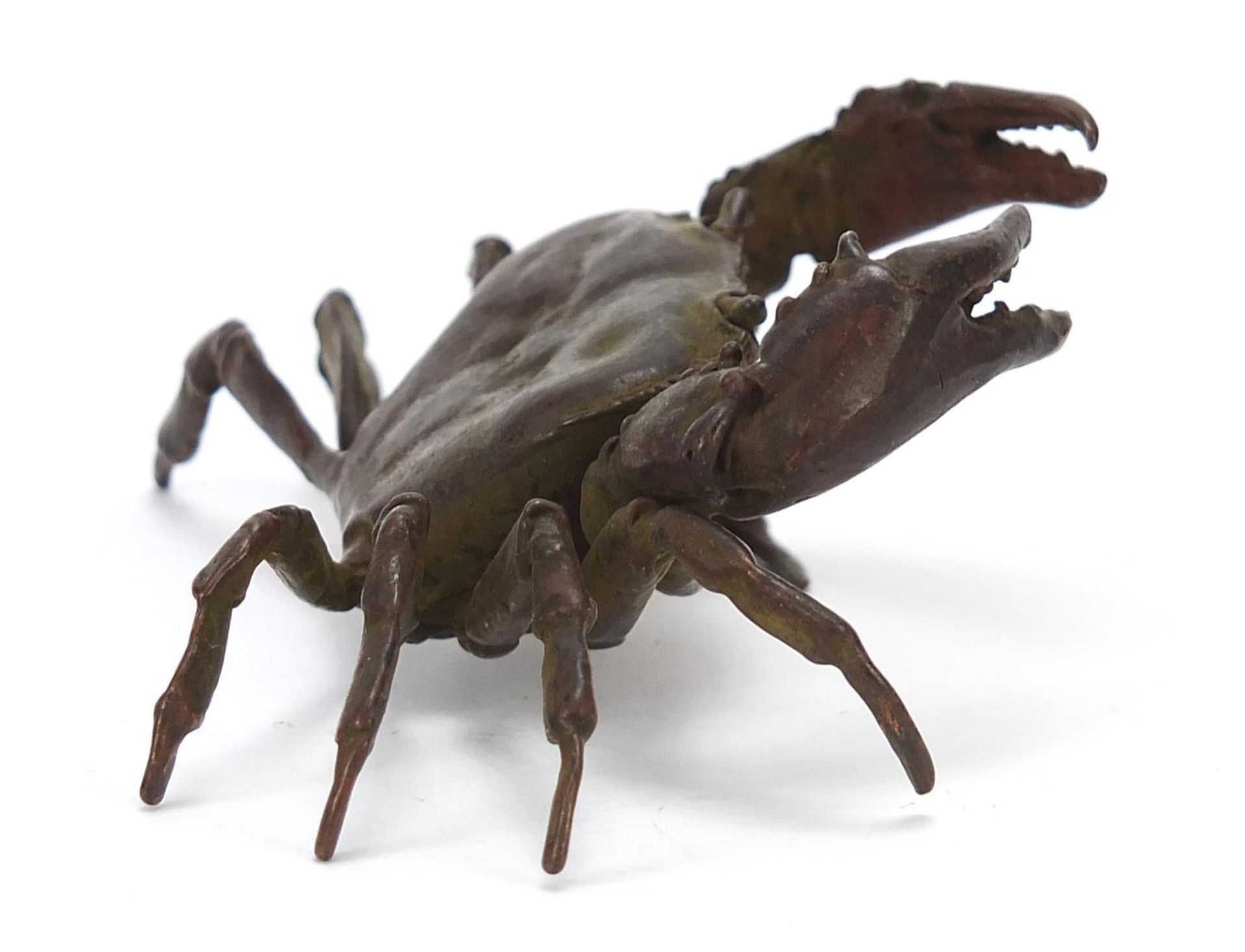 Large Japanese patinated bronze crab, impressed character marks to the underside, 11.5cm wide : - Image 3 of 7