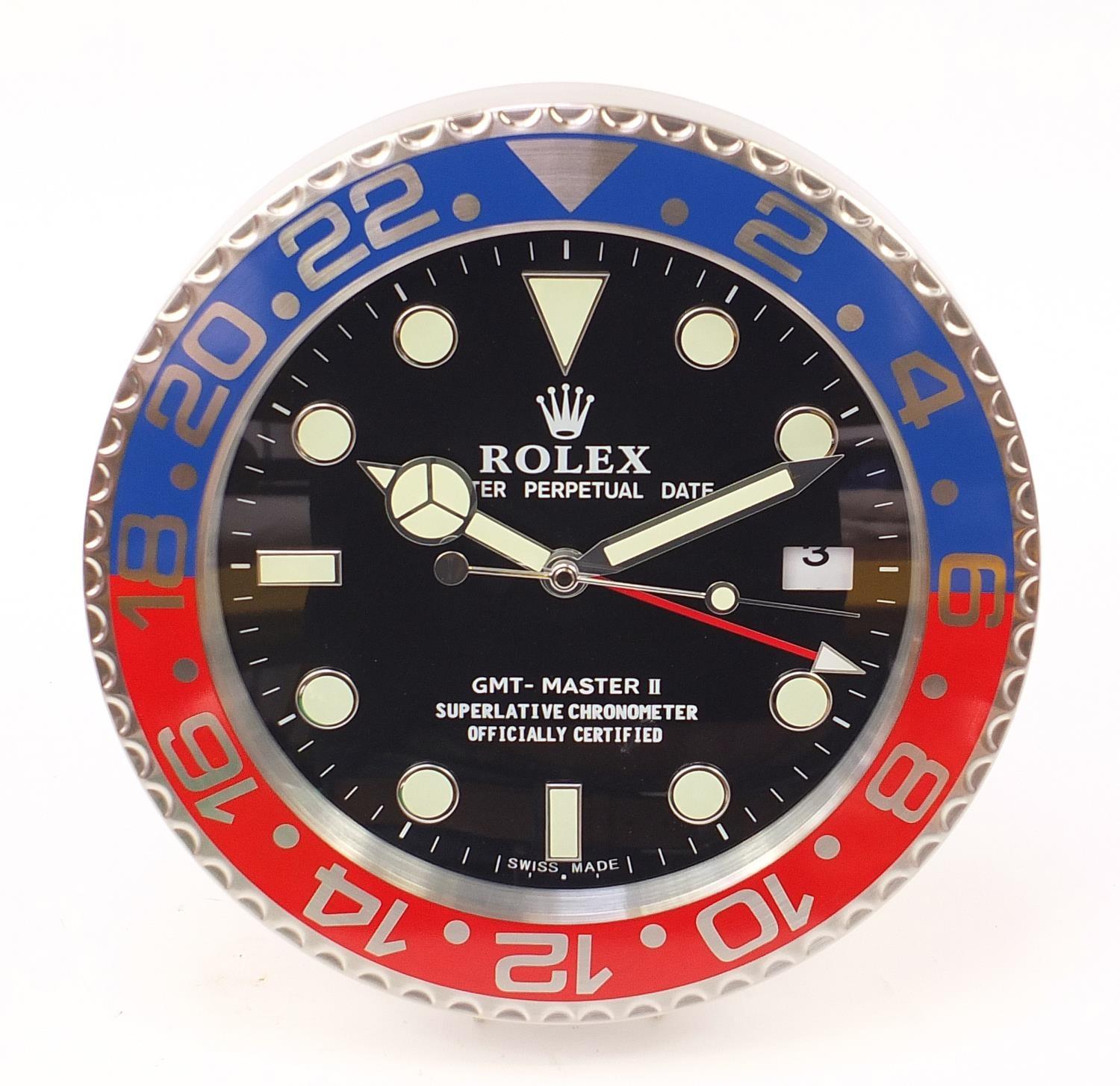Rolex GMT Master II design dealer's display wall clock, 34cm in diameter :