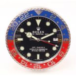 Rolex GMT Master II design dealer's display wall clock, 34cm in diameter :