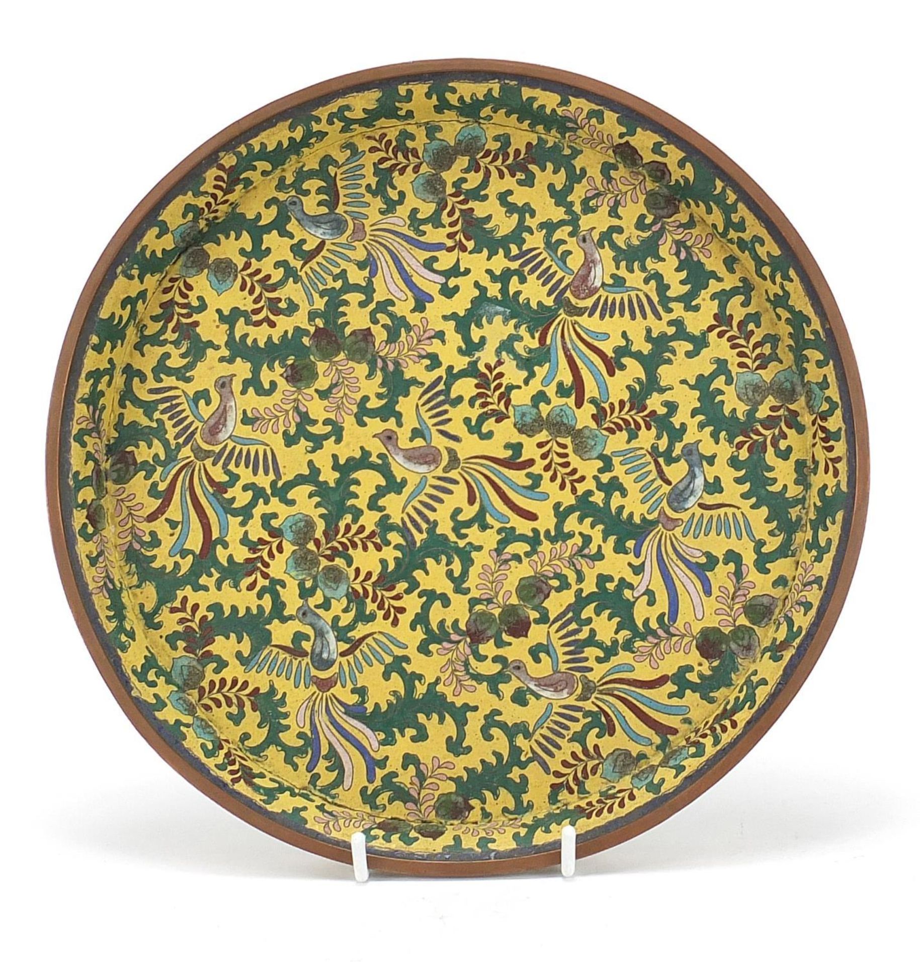 Chinese cloisonne serving tray enamelled with birds amongst foliage, character marks to the