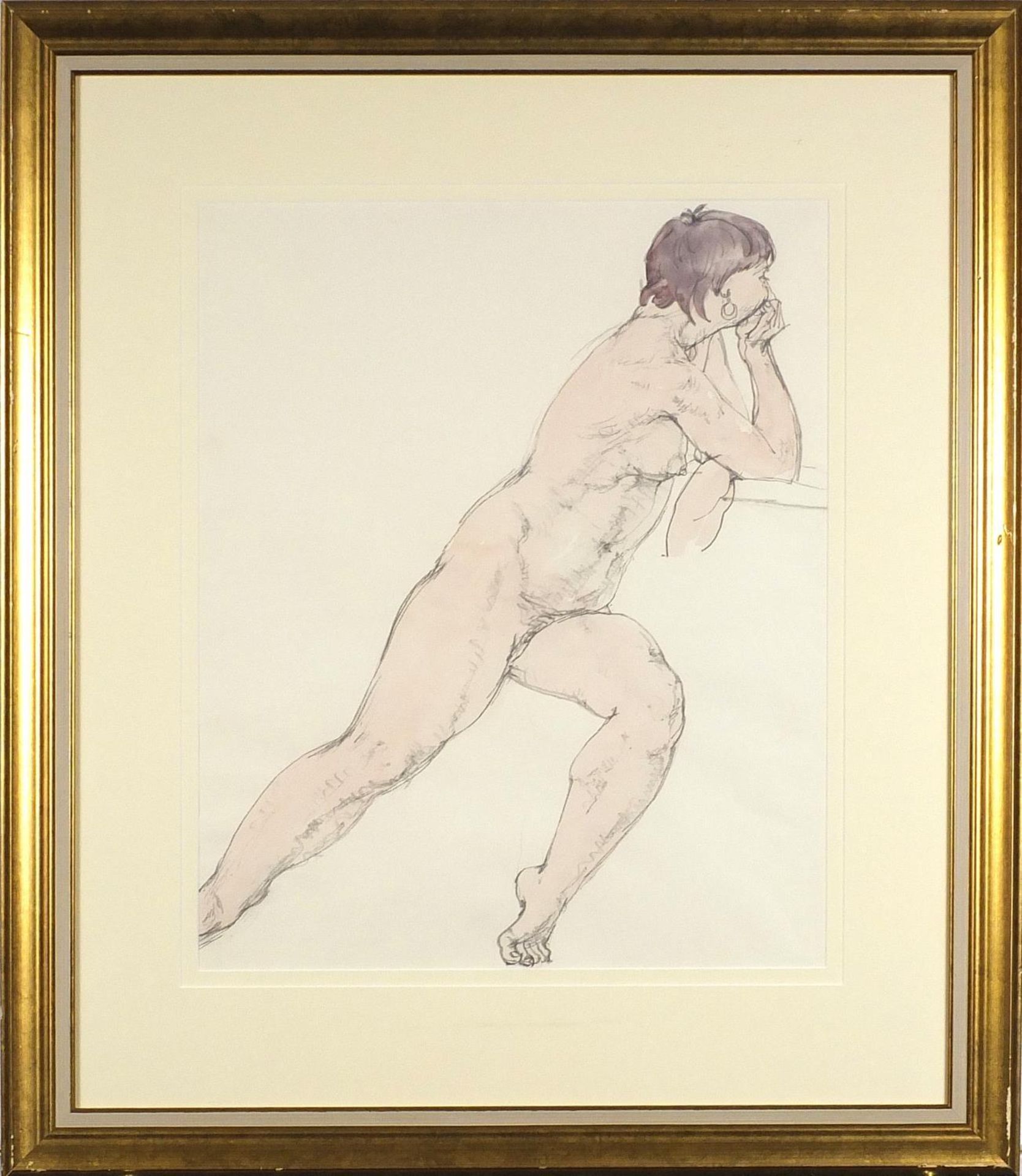 Study of a nude female, pen and ink, mounted, framed and glazed, 44cm x 36cm excluding the mount and - Image 2 of 4