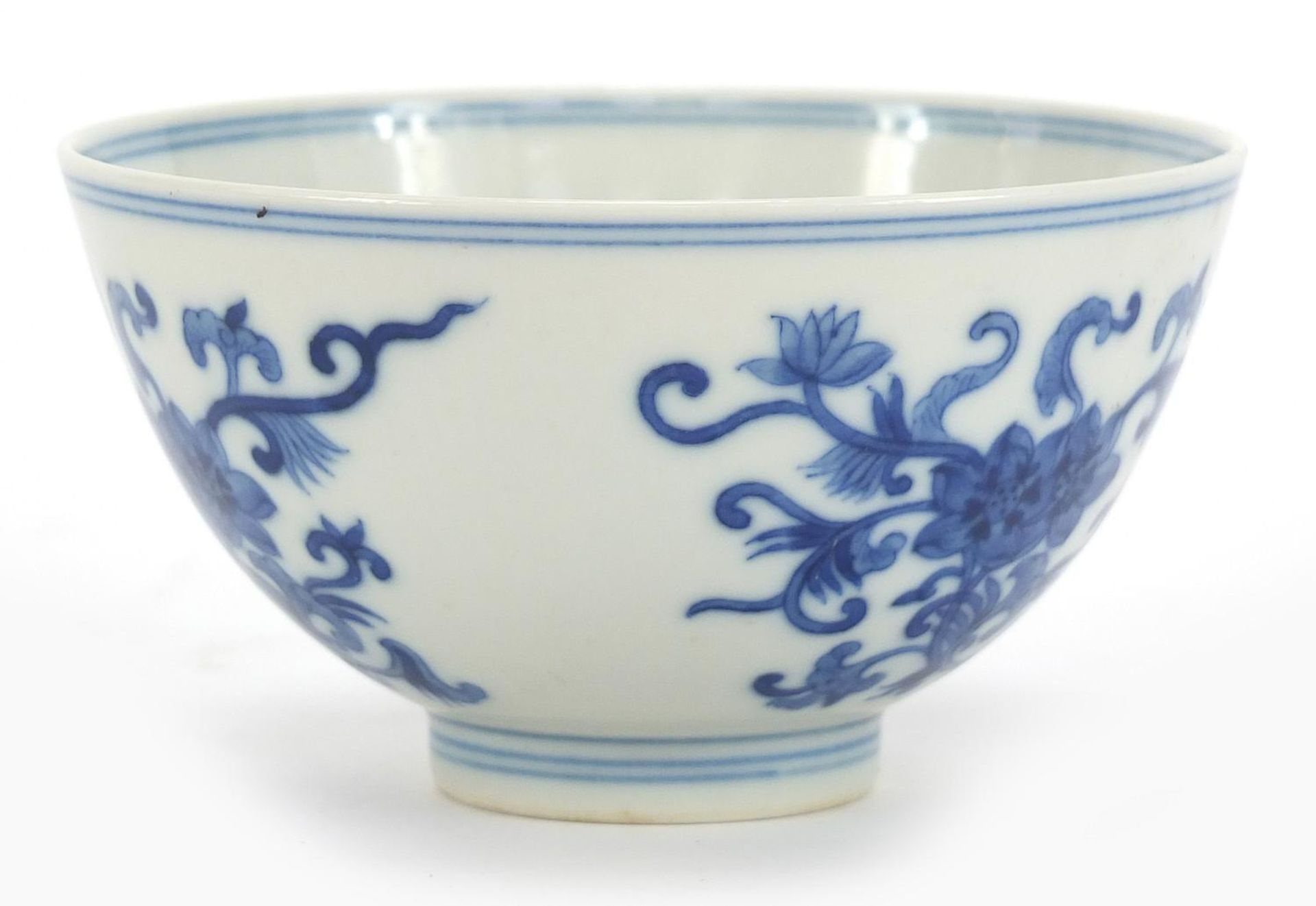 Chinese blue and white porcelain bowl hand painted with flowers, six figure character marks to the - Image 2 of 8