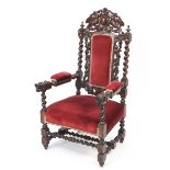 Antique oak barley twist frame throne chair profusely carved with two birds, dragon's heads and berr