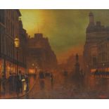 Evening street scene, Victorian style oil on board, framed, 60cm x 50cm excluding the frame :