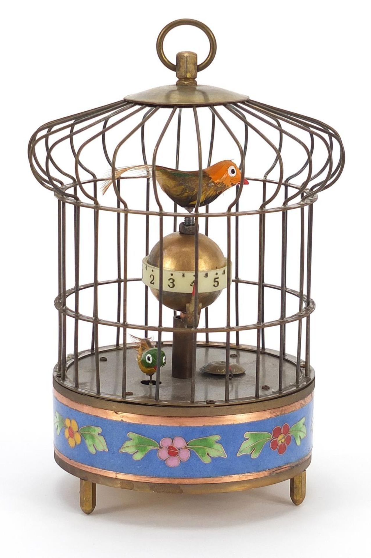 Brass clockwork automaton bird cage alarm clock with cloisonné band, 21cm high :