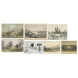 Seven 19th century and later prints including Queenstown Harbour, Epsom Races on Derby Day and