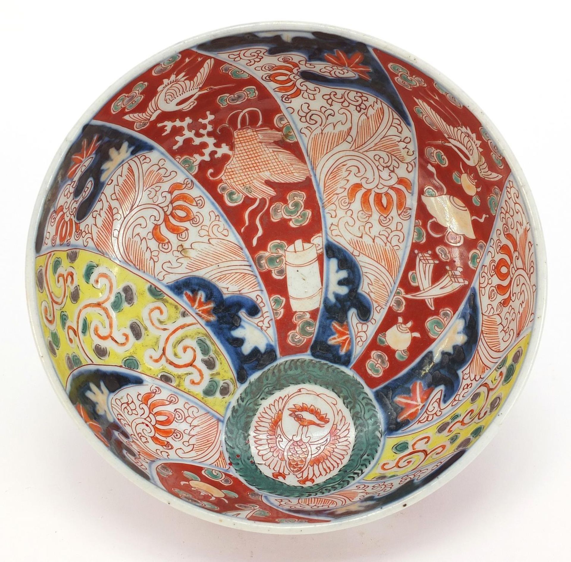Japanese Imari comprising a pair of chargers hand painted with flowers and landscapes and a bowl, - Image 9 of 11