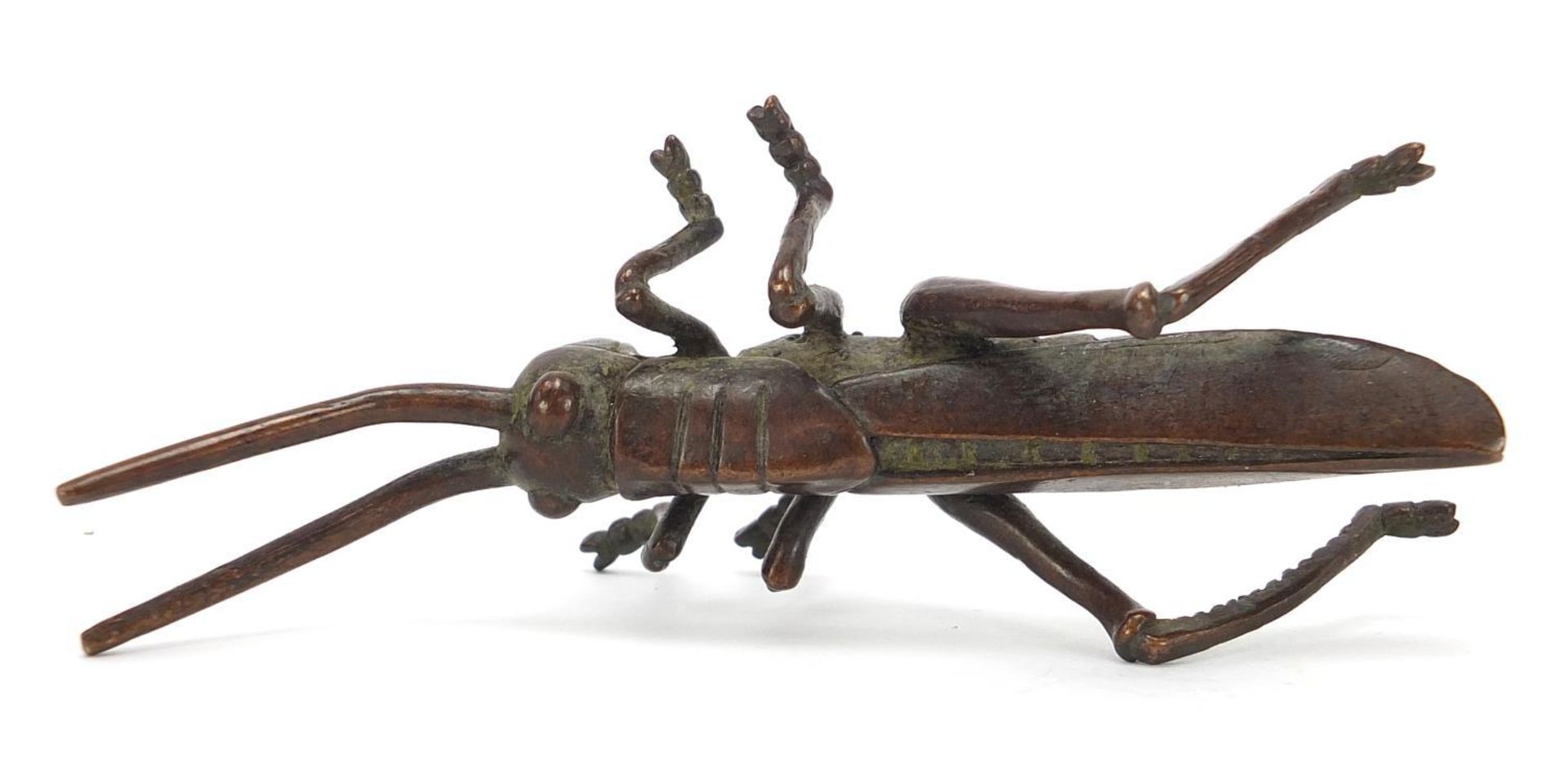 Japanese patinated bronze locust, impressed marks to the base, 11cm in length : - Image 6 of 8