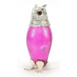 Novelty owl design jug with silver plated mount and cranberry coloured glass body, 28.5cm high :