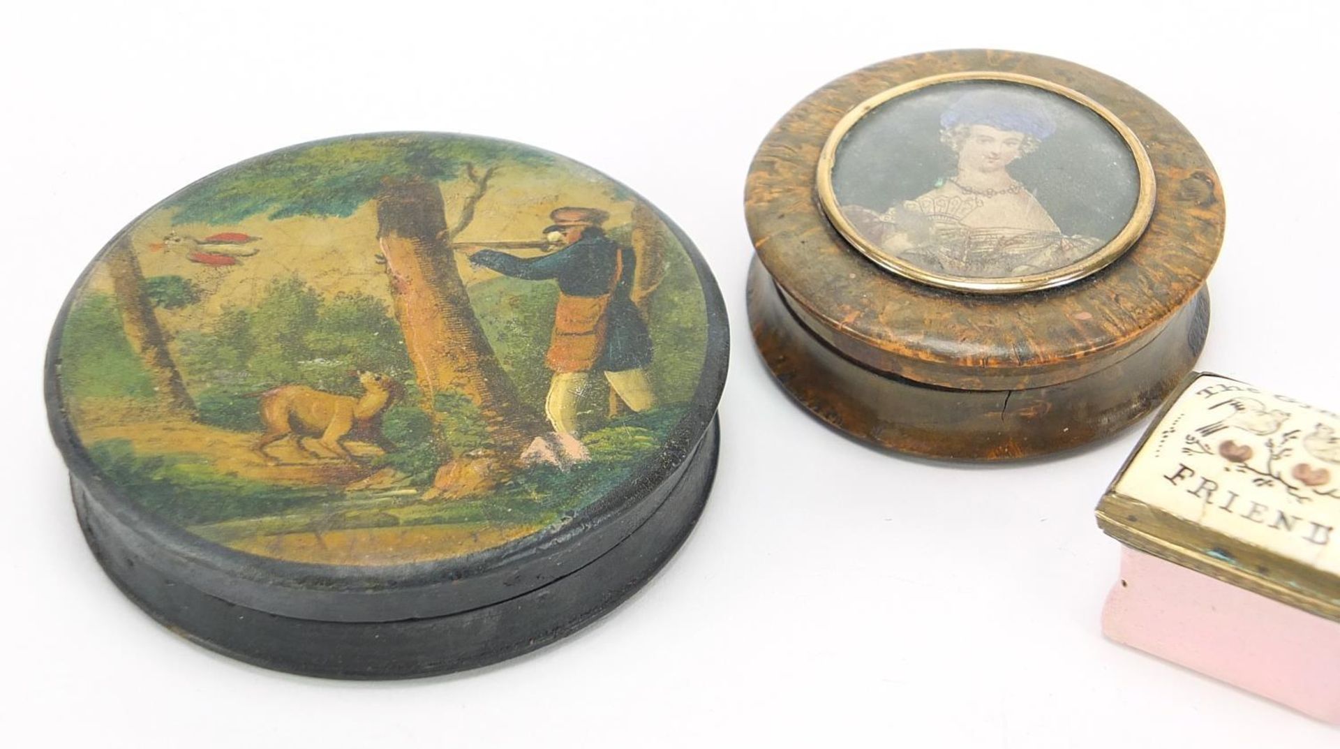 18th century Bilston enamel patch box inscribed with 'gift of a friend' and two 19th century snuff - Image 2 of 5