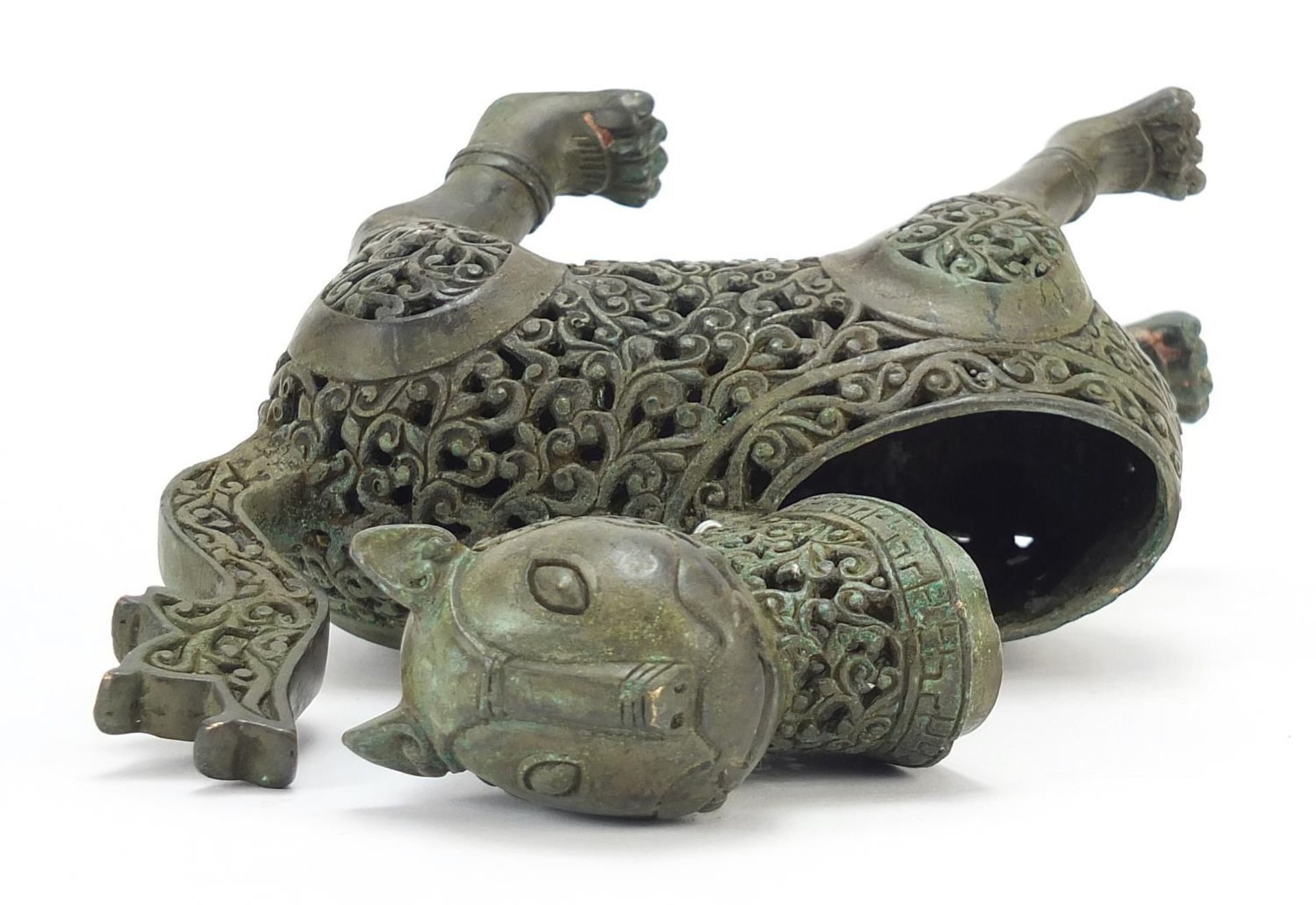 Islamic Verdigris bronze mythical animal incense burner with articulated head, 18cm in length : - Image 7 of 8