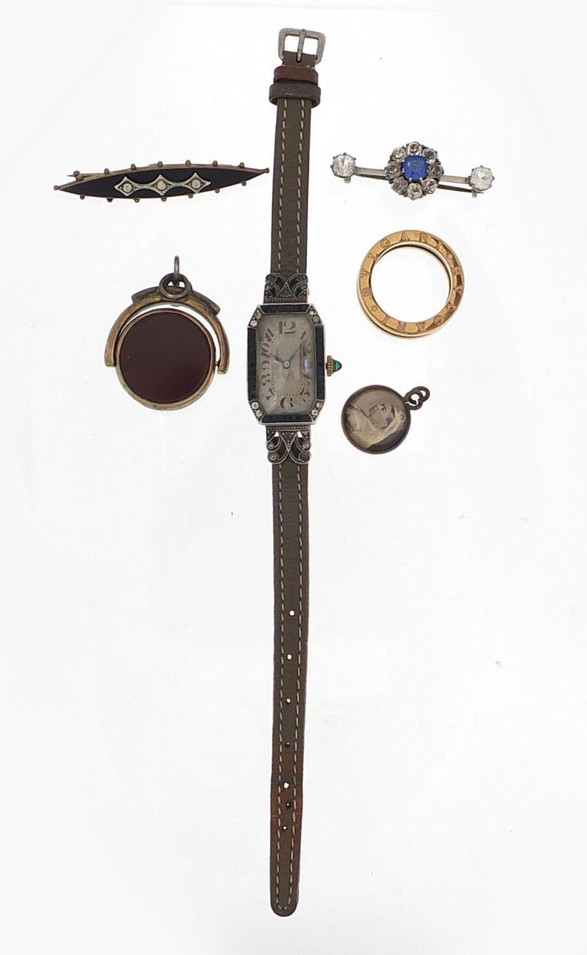 Antique and later jewellery including a ladies' Art Deco cocktail watch, blue and white paste bar