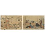 Geishas and scholars, two Japanese watercolours with calligraphy and seal marks, each mounted,