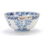 Chinese blue and white porcelain bowl hand painted in the famille rose palette with flowers, six