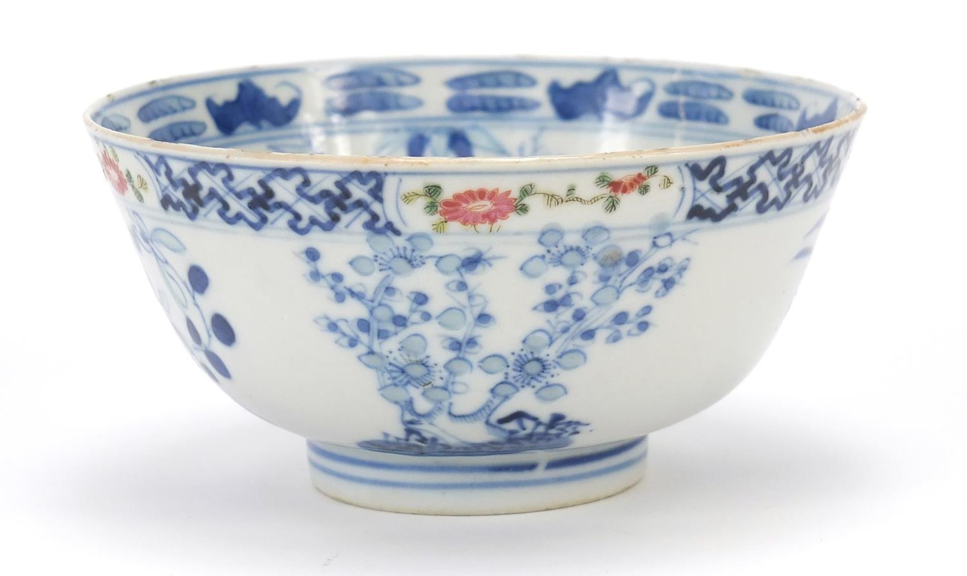 Chinese blue and white porcelain bowl hand painted in the famille rose palette with flowers, six