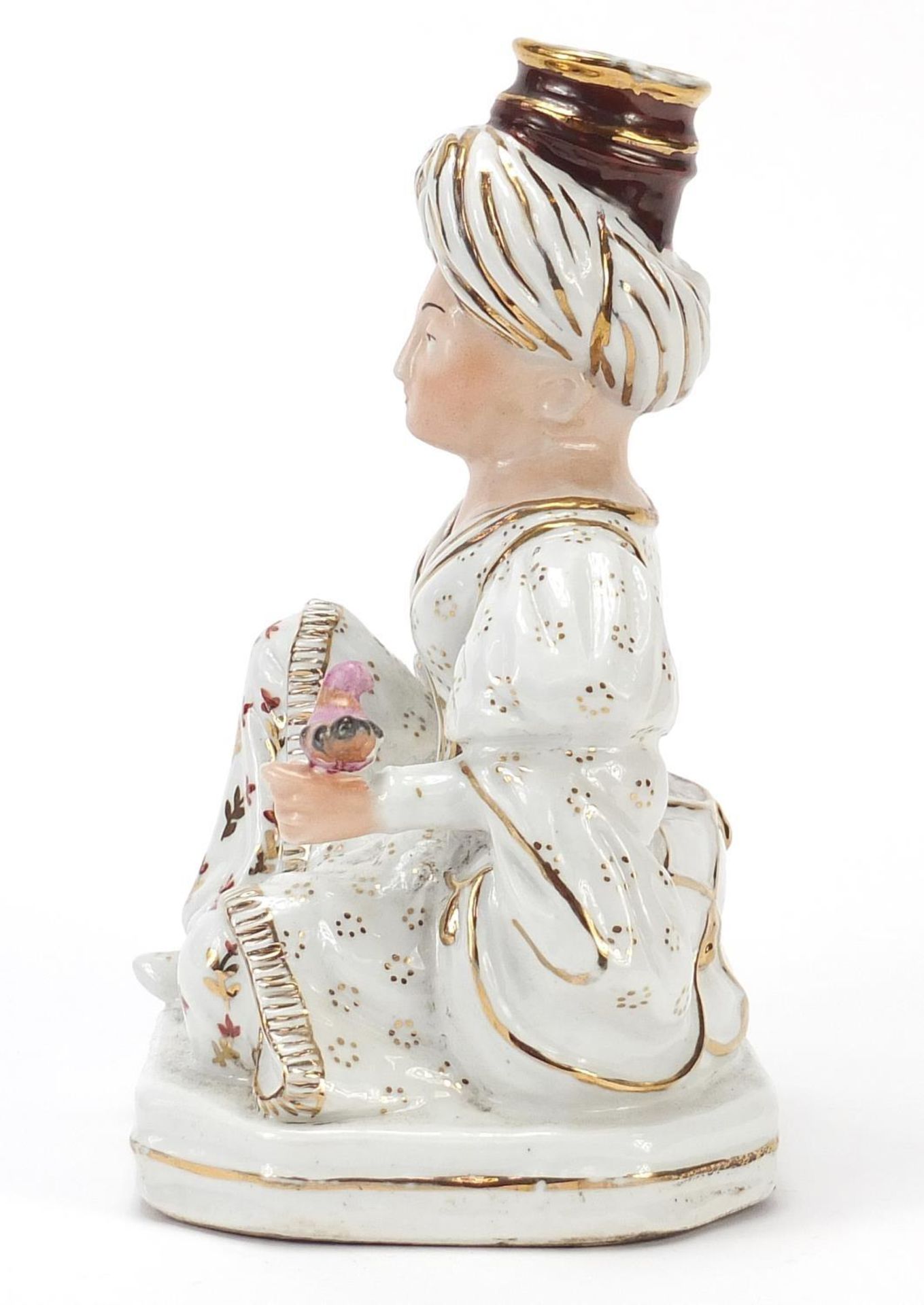 Jacob Petit, French porcelain figural candlestick of a Turkish female holding a bird and flower, - Image 2 of 7