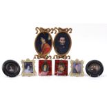 Four pairs of classical portrait miniatures including one pair housed in gilt frame bow design