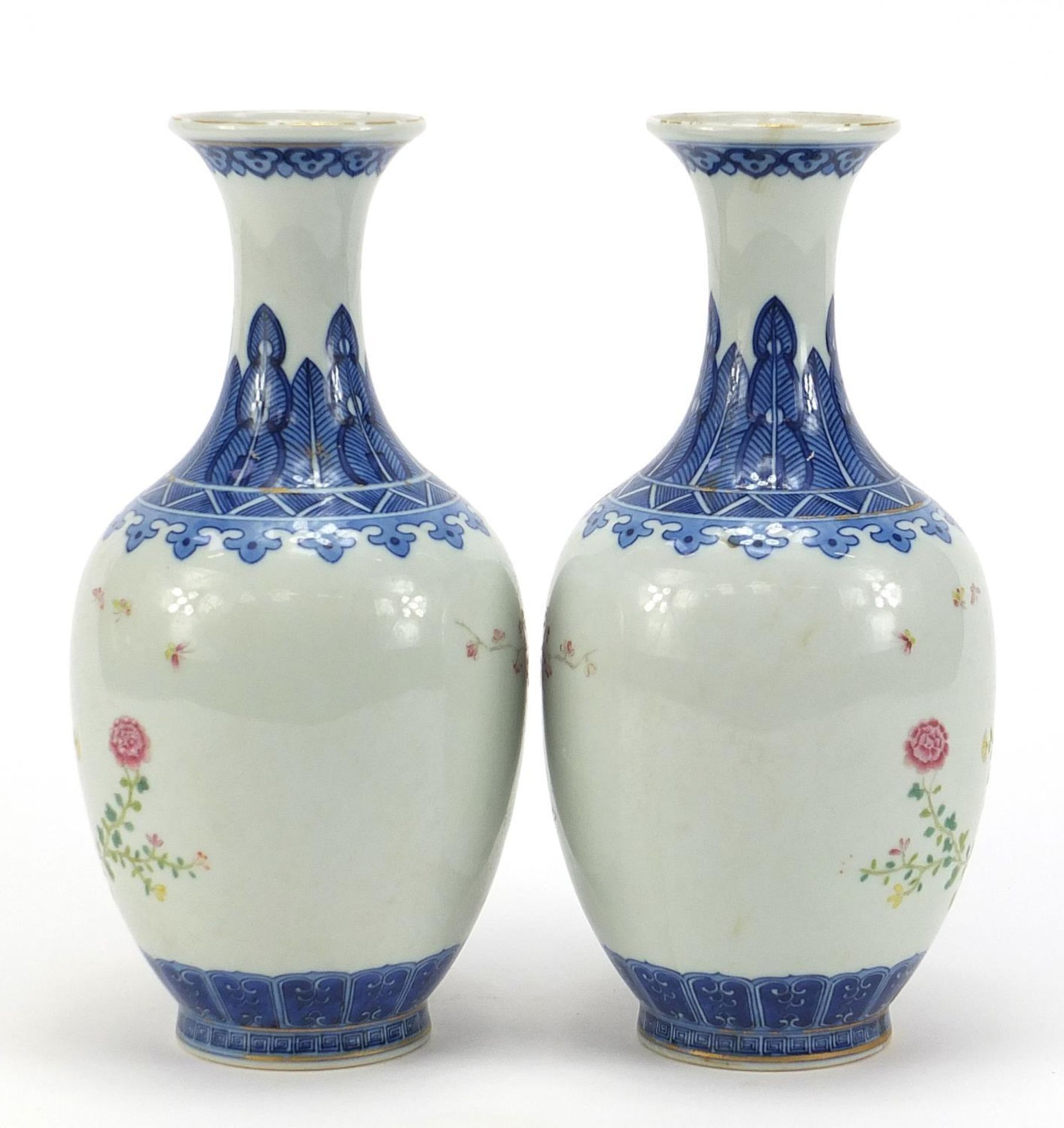 Pair of Chinese blue and white porcelain vases hand painted in the famille rose palette with birds - Image 3 of 10